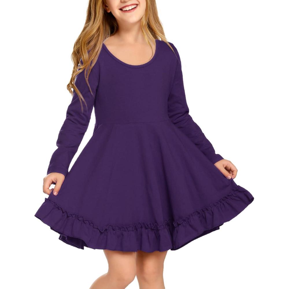 imageArshiner Girls Dress Long Sleeve A Line Twirly Skater Loose CasualParty Dresses with PocketPurple