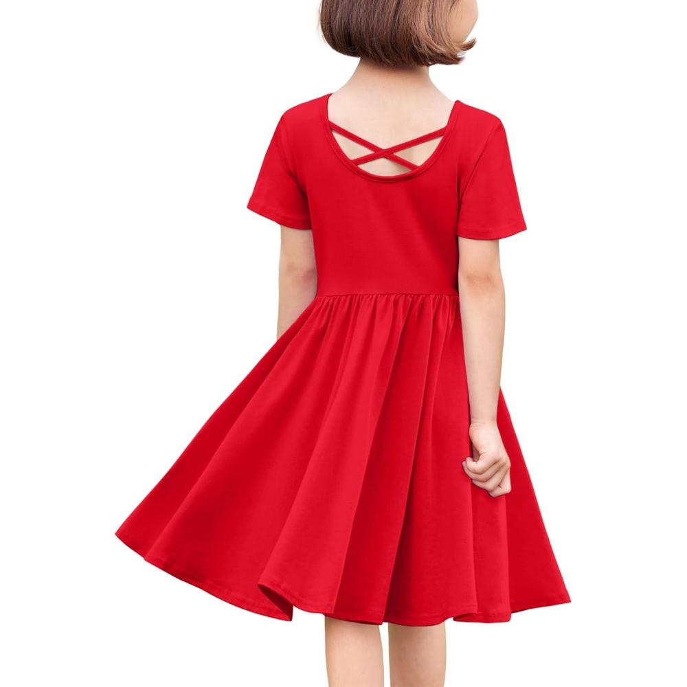 imageArshiner Girls Dress Short Sleeve Solid Summer Aline Swing Twirly Skater Casual Dresses for Kids 414 Years