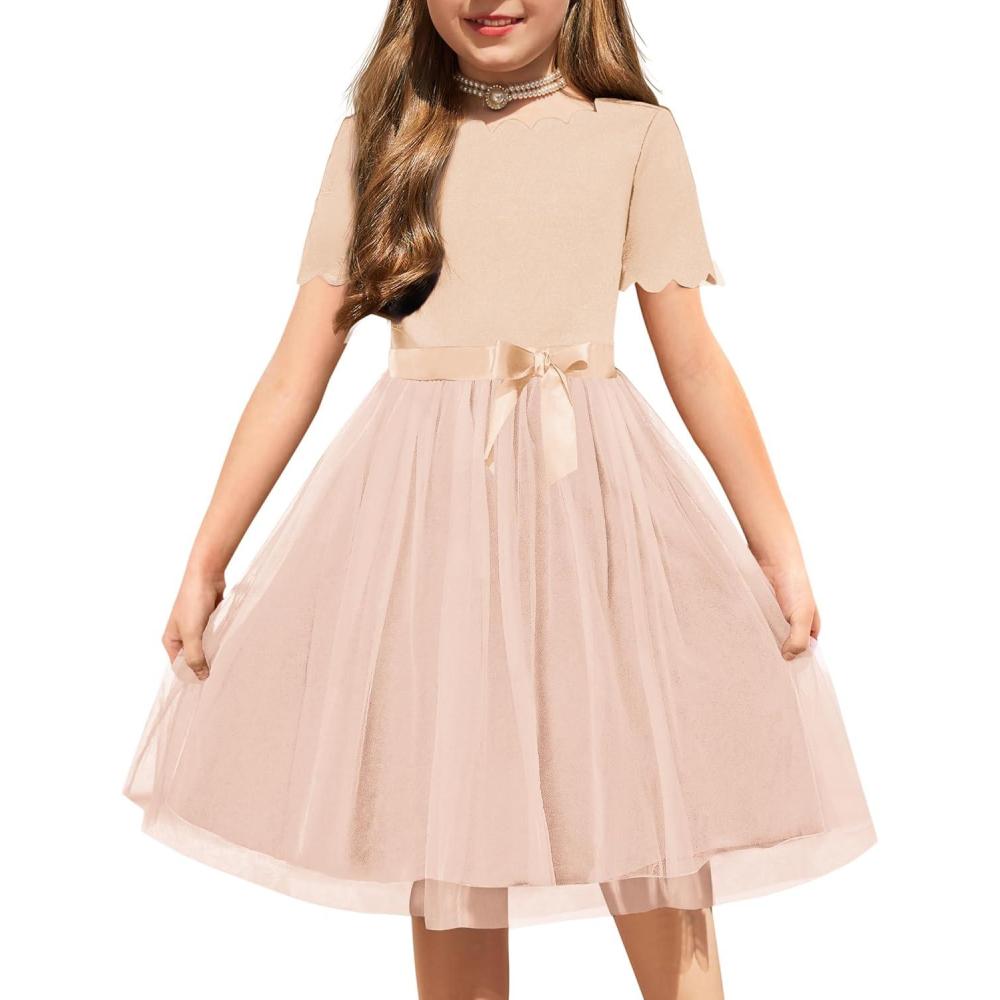 imageArshiner Girls Dress Tutu Fluffy Summer Dresses Belted Wedding Party Flower Girls Dress Size 311 YearsChampagne