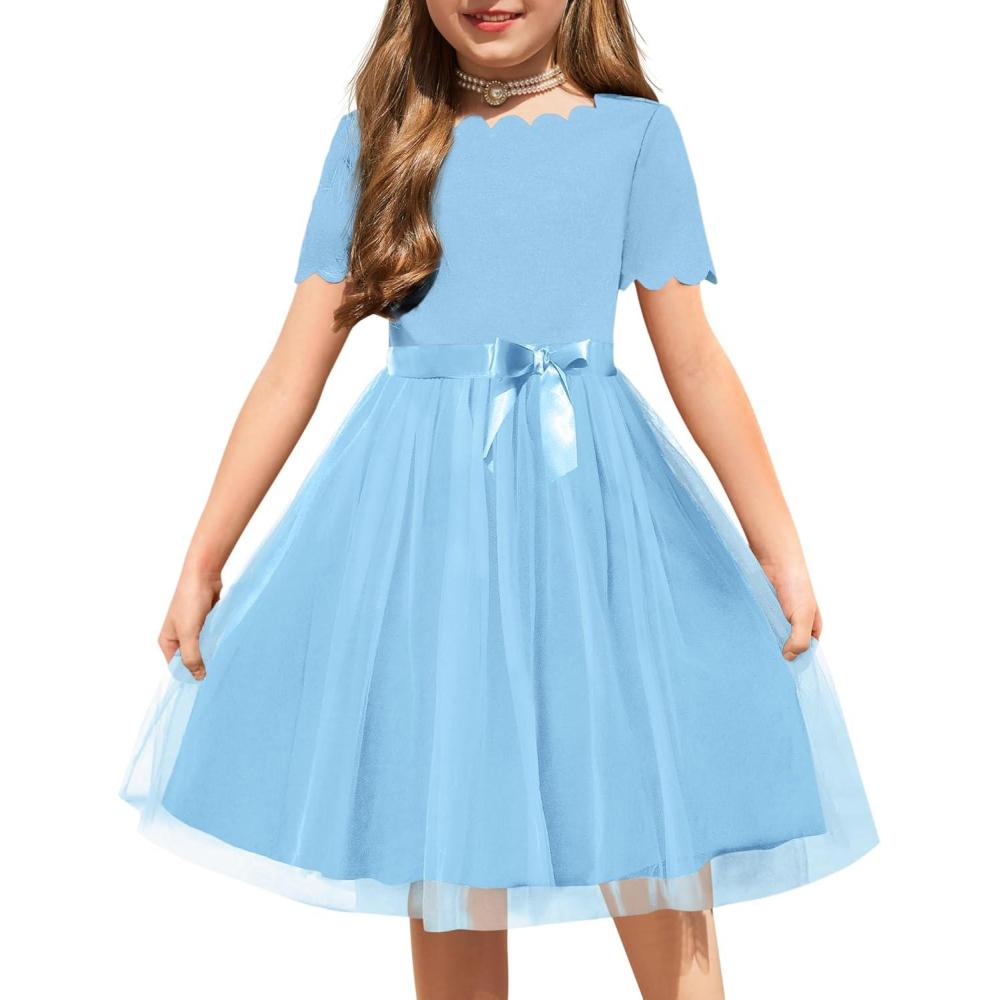imageArshiner Girls Dress Tutu Fluffy Summer Dresses Belted Wedding Party Flower Girls Dress Size 311 YearsLight Blue