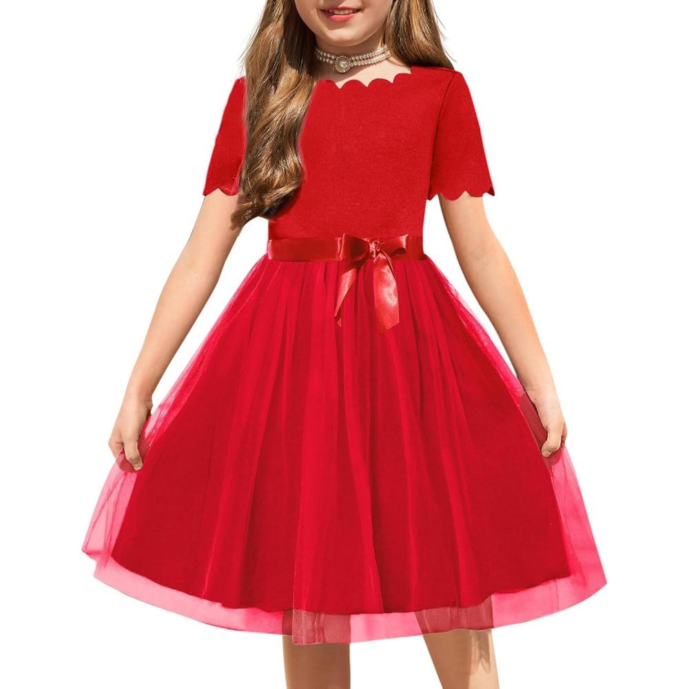 imageArshiner Girls Dress Tutu Fluffy Summer Dresses Belted Wedding Party Flower Girls Dress Size 311 YearsRed