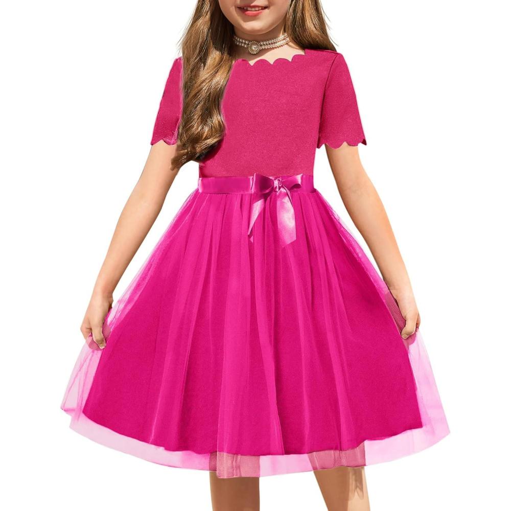 imageArshiner Girls Dress Tutu Fluffy Summer Dresses Belted Wedding Party Flower Girls Dress Size 311 YearsRose Red