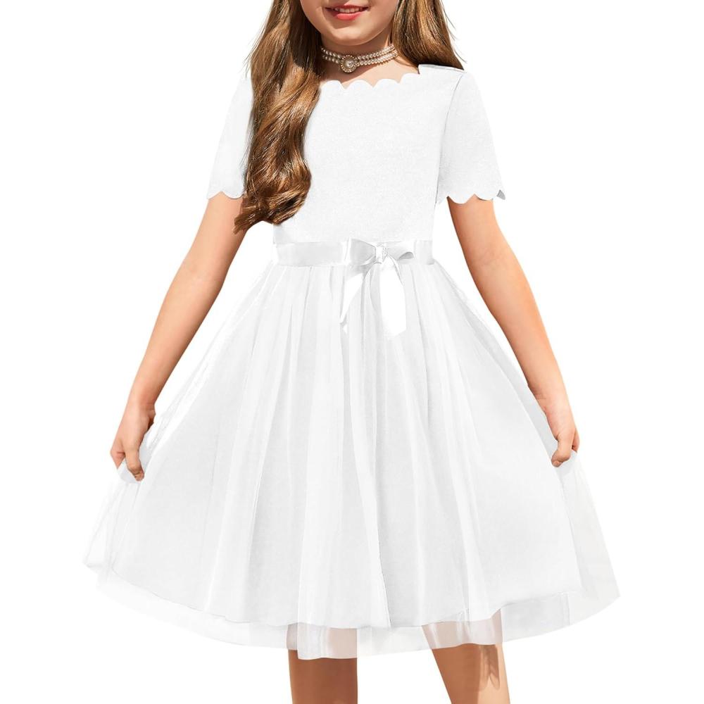 imageArshiner Girls Dress Tutu Fluffy Summer Dresses Belted Wedding Party Flower Girls Dress Size 311 YearsWhite