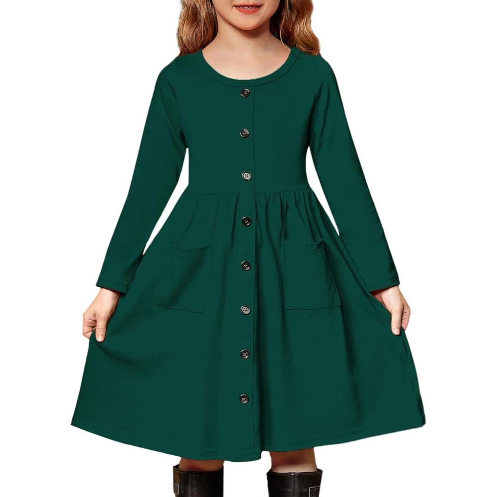imageArshiner Girls Dresses Button Down Midi Long Sleeve Casual Sundress Aline Dress with PocketsAdark Green
