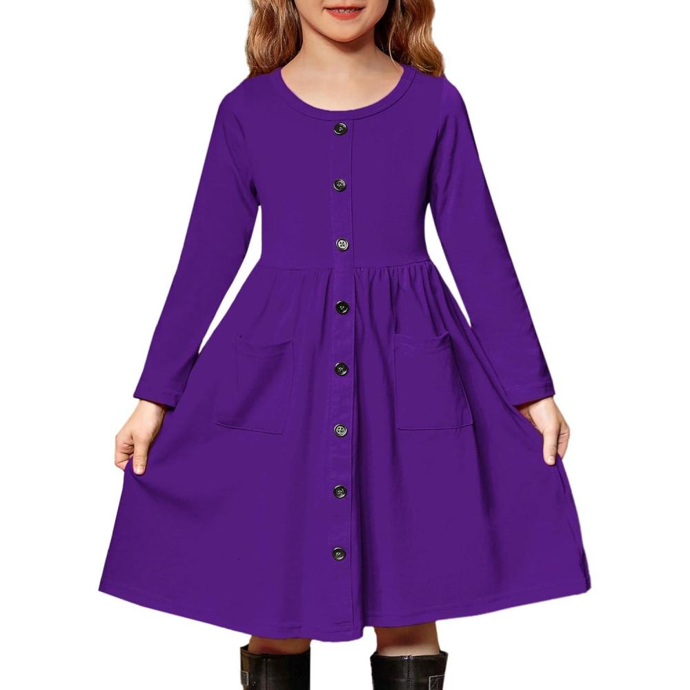 imageArshiner Girls Dresses Button Down Midi Long Sleeve Casual Sundress Aline Dress with PocketsApurple