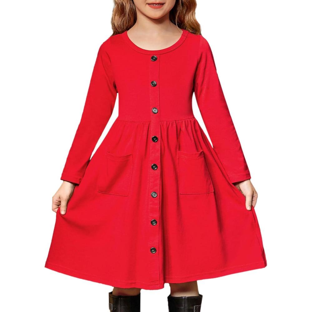 imageArshiner Girls Dresses Button Down Midi Long Sleeve Casual Sundress Aline Dress with PocketsAred