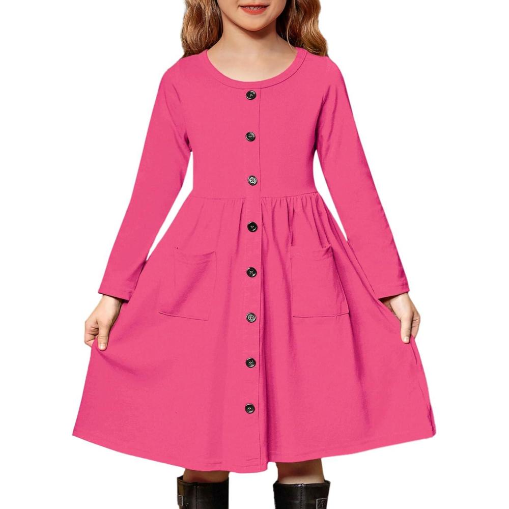 imageArshiner Girls Dresses Button Down Midi Long Sleeve Casual Sundress Aline Dress with PocketsArose Red