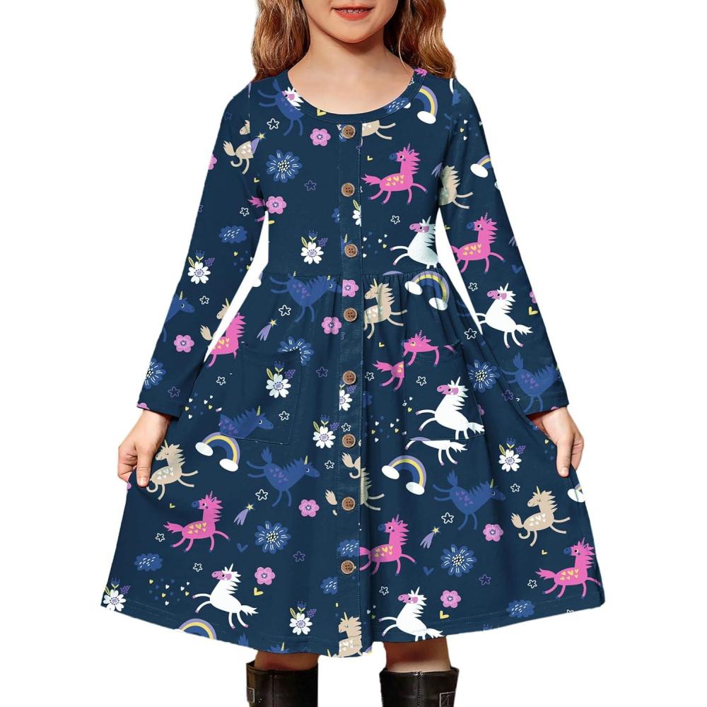 imageArshiner Girls Dresses Button Down Midi Long Sleeve Casual Sundress Aline Dress with PocketsBlue Pony