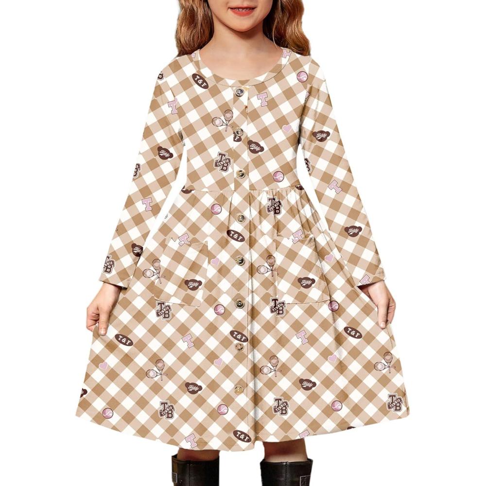 imageArshiner Girls Dresses Button Down Midi Long Sleeve Casual Sundress Aline Dress with PocketsBrown Bear