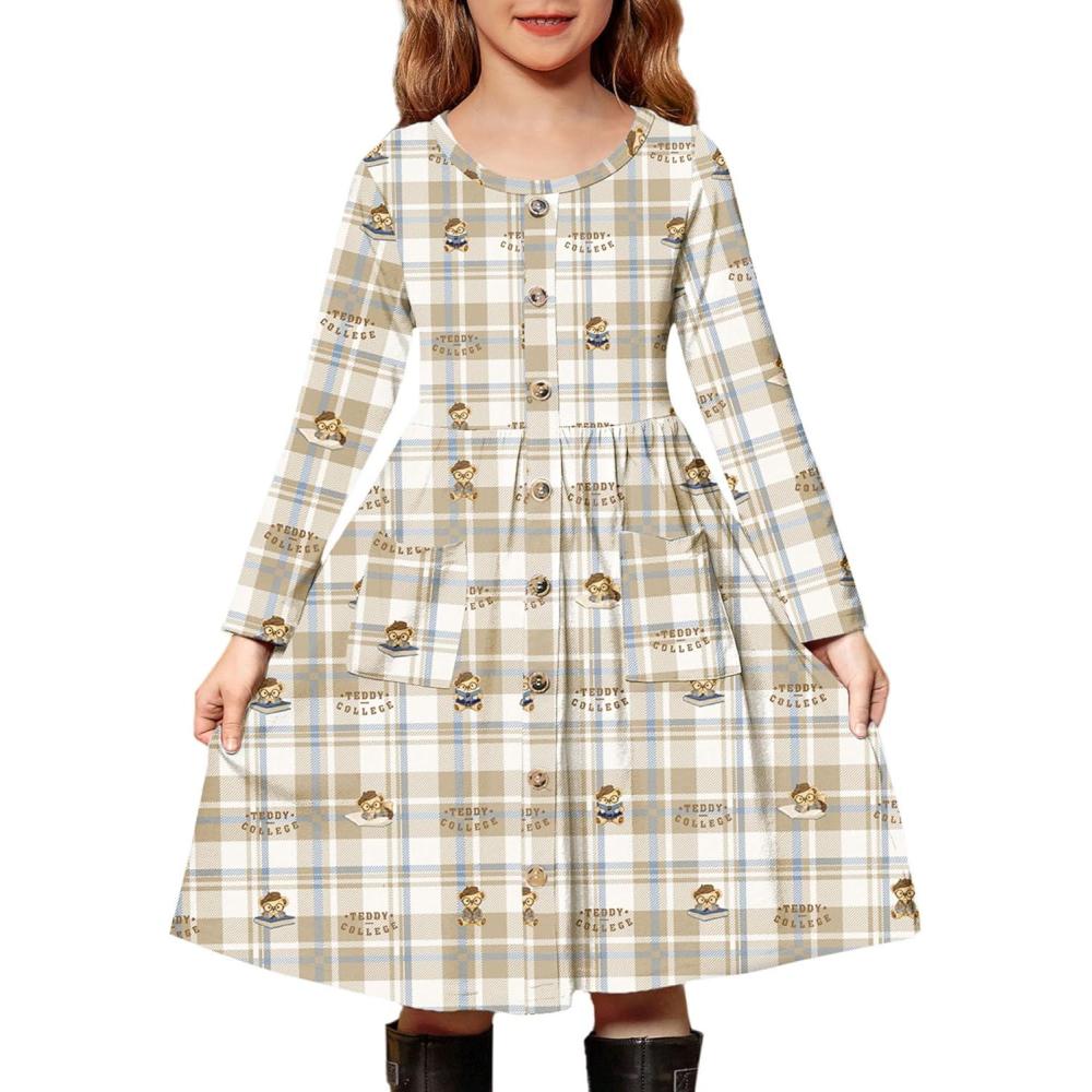 imageArshiner Girls Dresses Button Down Midi Long Sleeve Casual Sundress Aline Dress with PocketsKhaki Bear