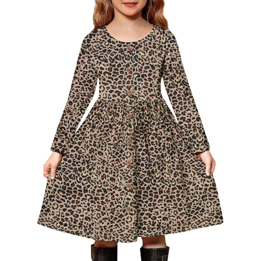 imageArshiner Girls Dresses Button Down Midi Long Sleeve Casual Sundress Aline Dress with PocketsLeopard