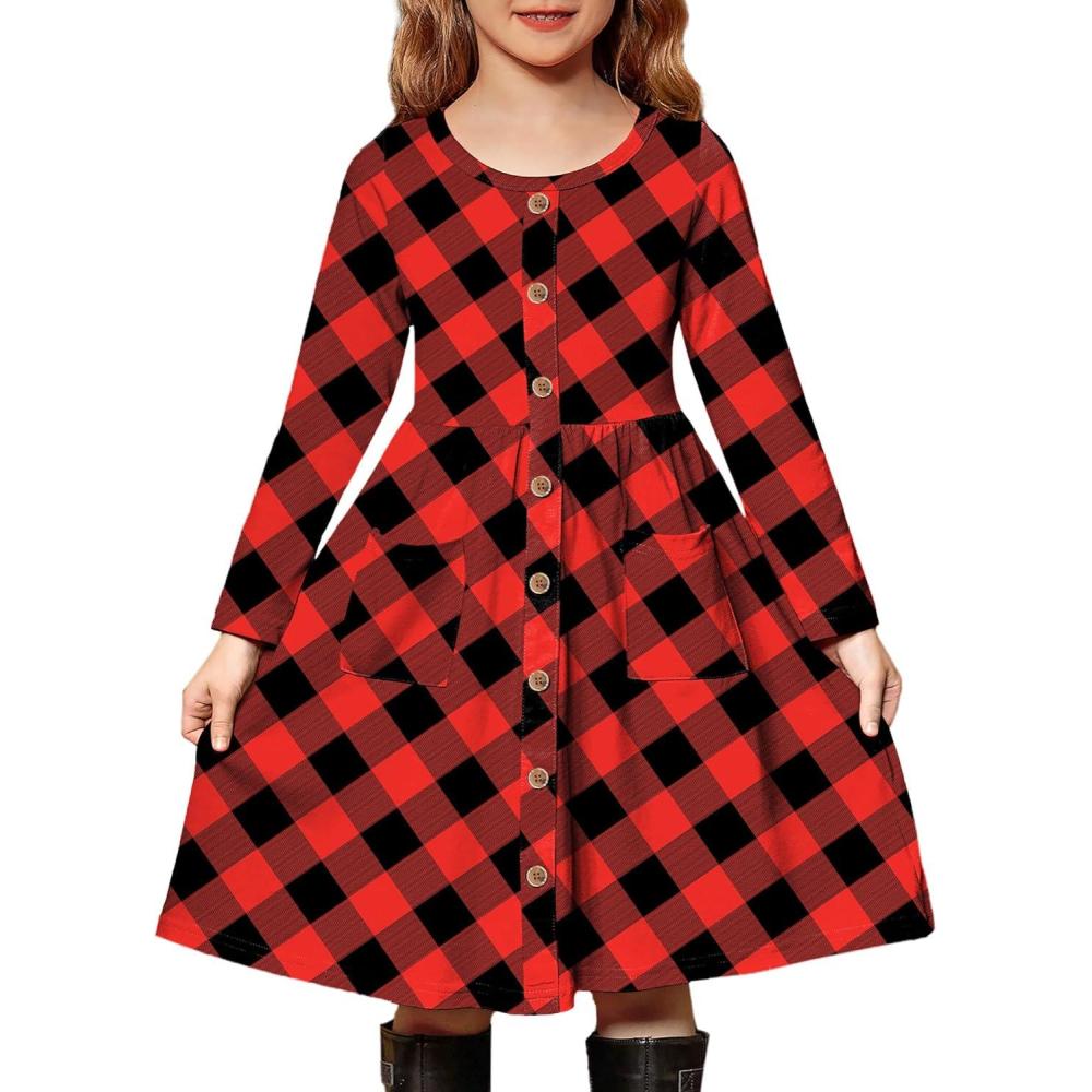 imageArshiner Girls Dresses Button Down Midi Long Sleeve Casual Sundress Aline Dress with PocketsRedBlack Plaid