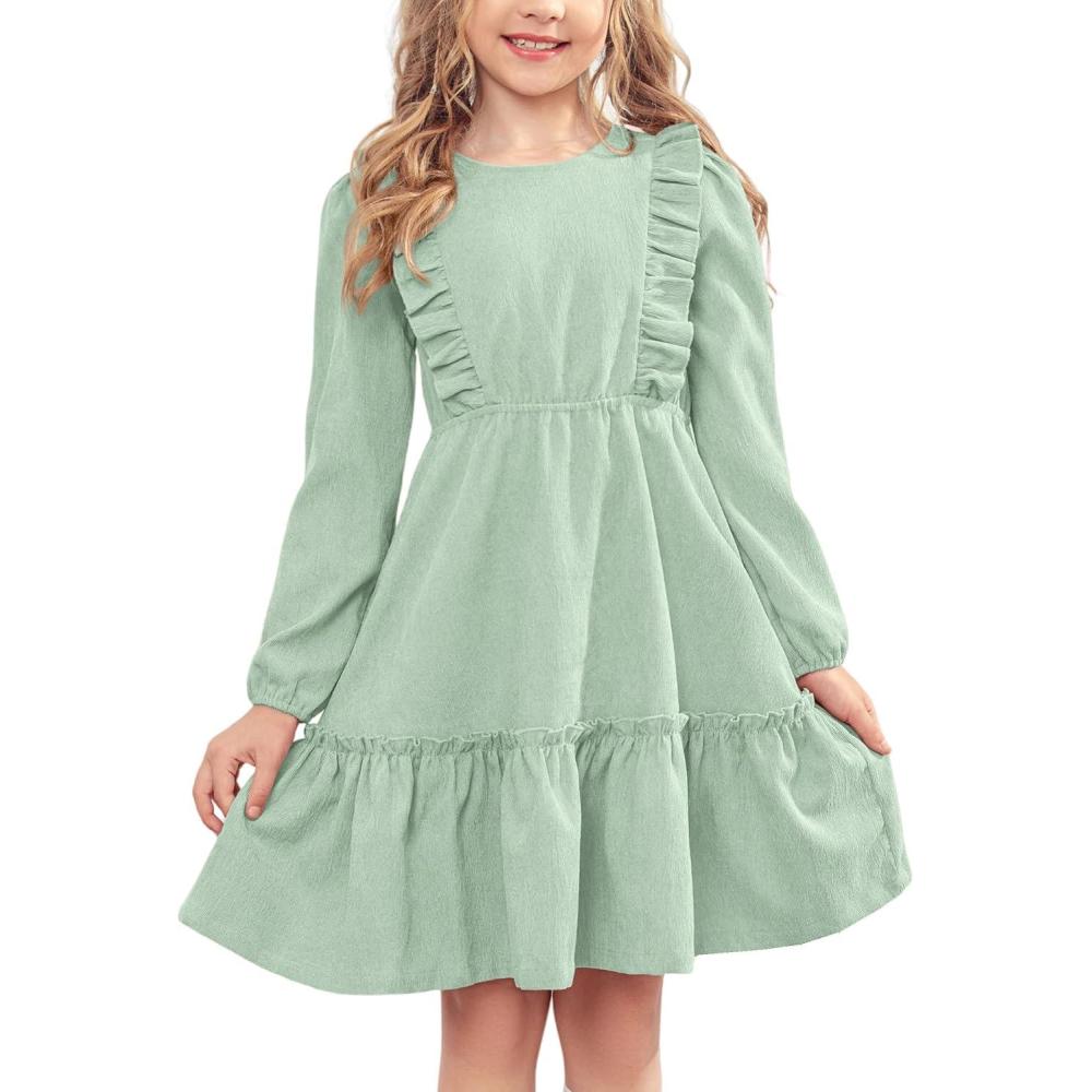 imageArshiner Girls Dresses Casual Button Fall Winter Swing DressLight Green