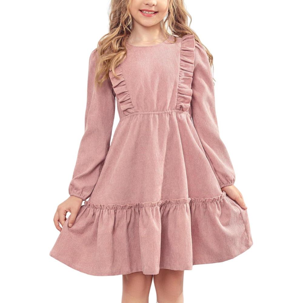 imageArshiner Girls Dresses Casual Button Fall Winter Swing DressPink