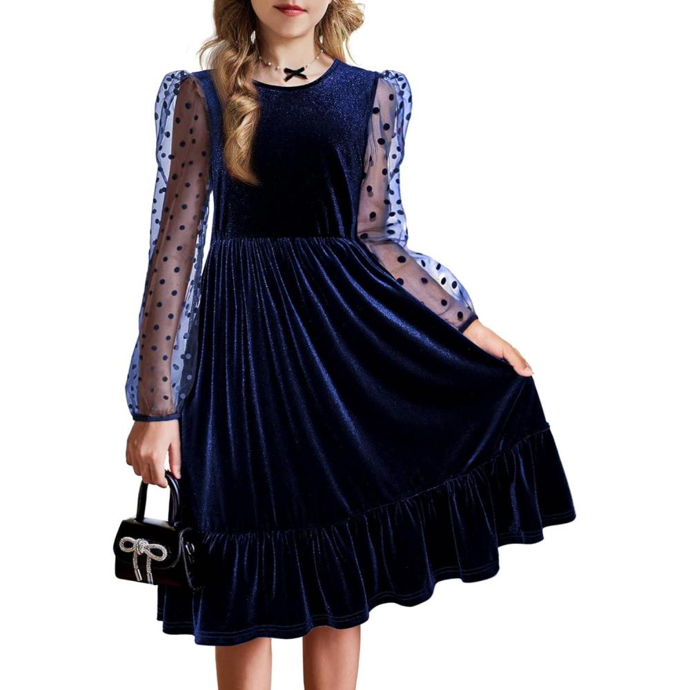 imageArshiner Girls Dresses Contrast Mesh Velvet Long Sleeve ALine Vintage Party Dress with PocketsBlue