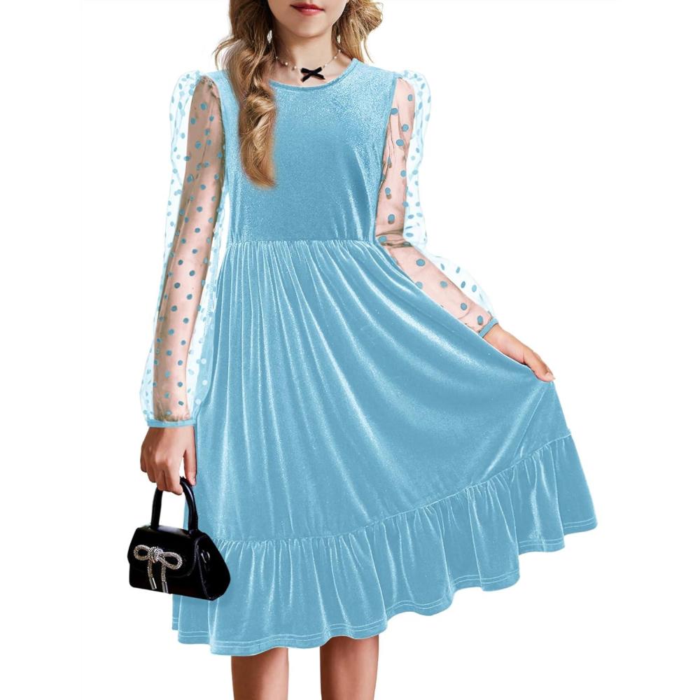 imageArshiner Girls Dresses Contrast Mesh Velvet Long Sleeve ALine Vintage Party Dress with PocketsLight Blue