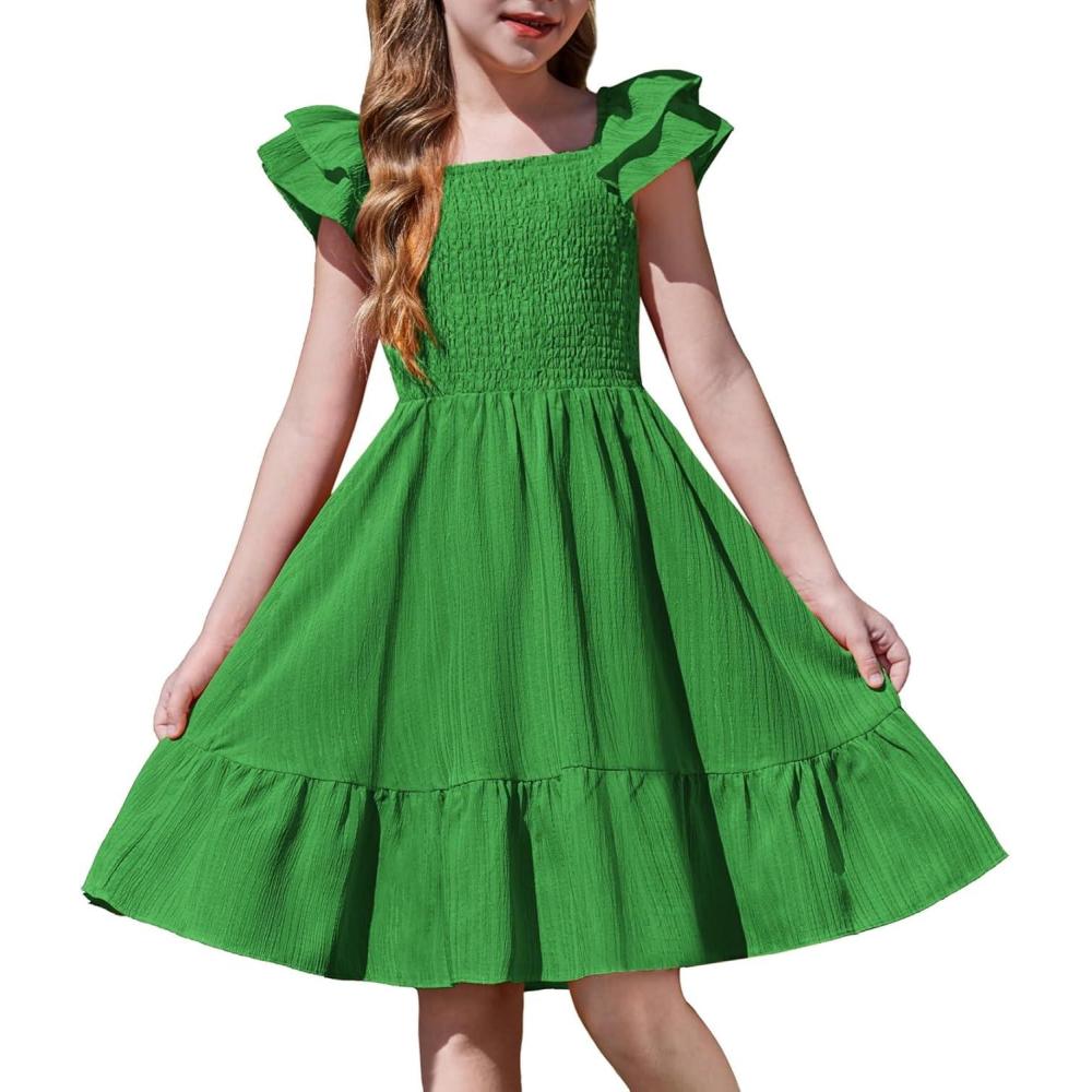 imageArshiner Girls Dresses Double Pleated Sleeve Square Neck Off Shoulder with Pockets Tween Sundress Size 516Green