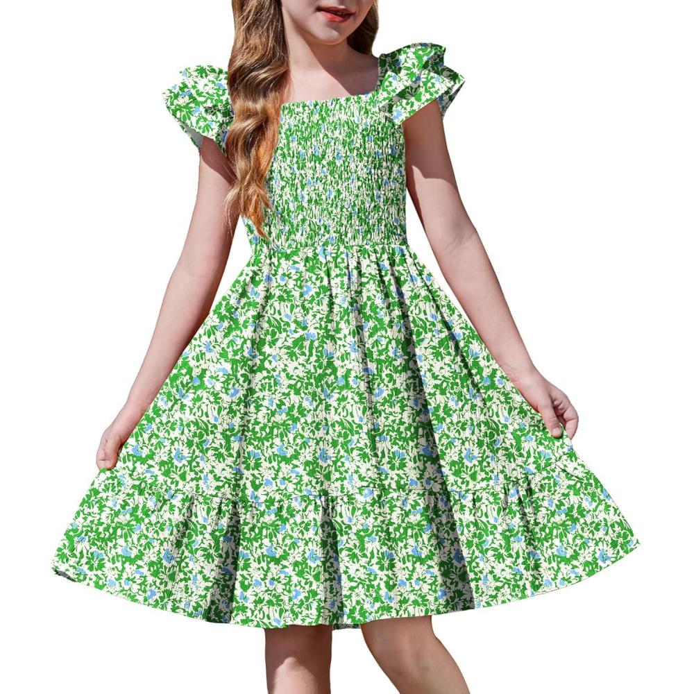 imageArshiner Girls Dresses Double Pleated Sleeve Square Neck Off Shoulder with Pockets Tween Sundress Size 516Green Floral