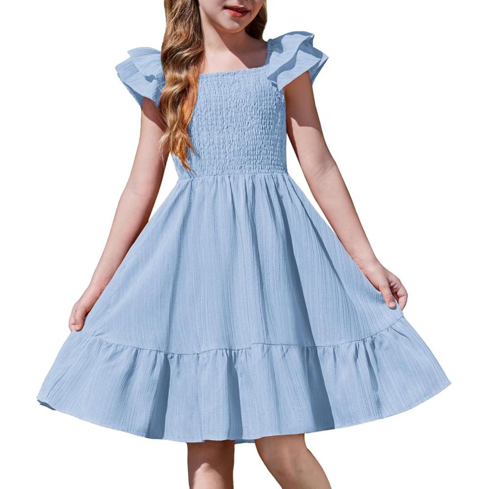 imageArshiner Girls Dresses Double Pleated Sleeve Square Neck Off Shoulder with Pockets Tween Sundress Size 516Light Blue