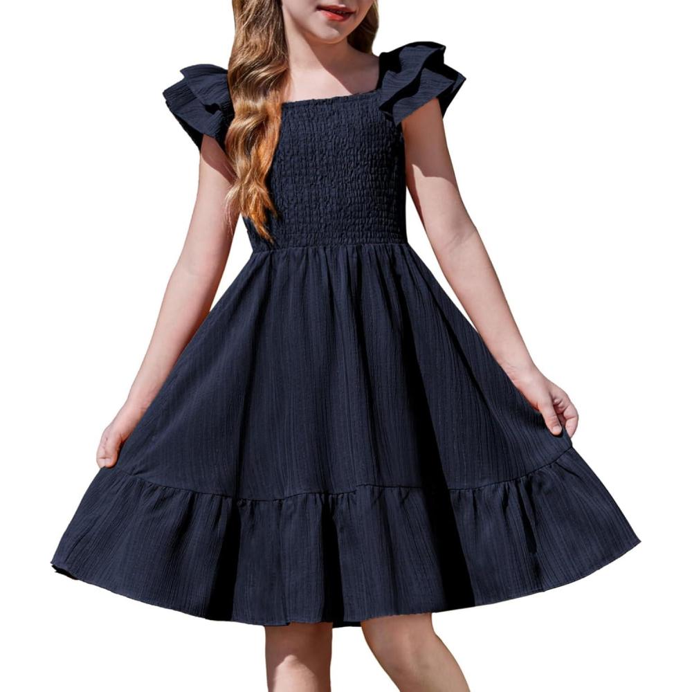imageArshiner Girls Dresses Double Pleated Sleeve Square Neck Off Shoulder with Pockets Tween Sundress Size 516Navy Blue