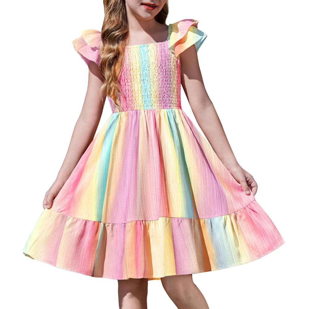 imageArshiner Girls Dresses Double Pleated Sleeve Square Neck Off Shoulder with Pockets Tween Sundress Size 516Rainbow