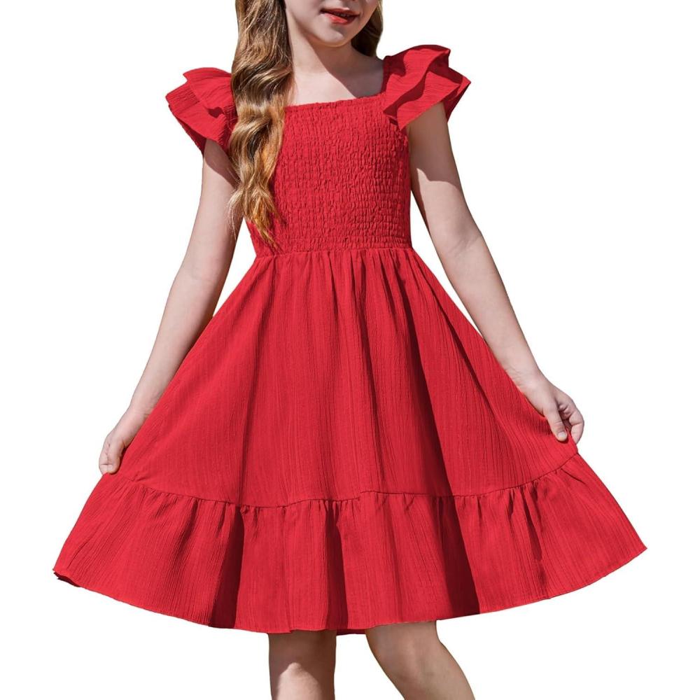 imageArshiner Girls Dresses Double Pleated Sleeve Square Neck Off Shoulder with Pockets Tween Sundress Size 516Red