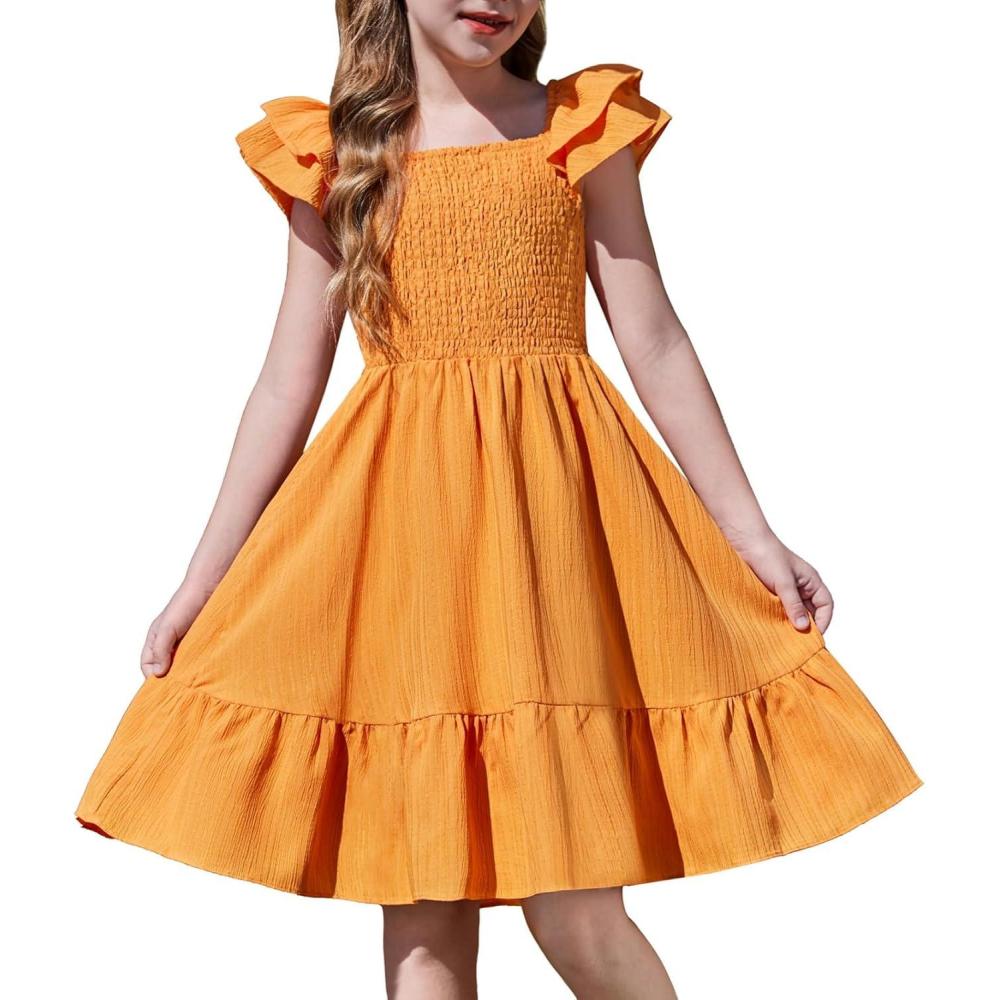 imageArshiner Girls Dresses Double Pleated Sleeve Square Neck Off Shoulder with Pockets Tween Sundress Size 516Yellow
