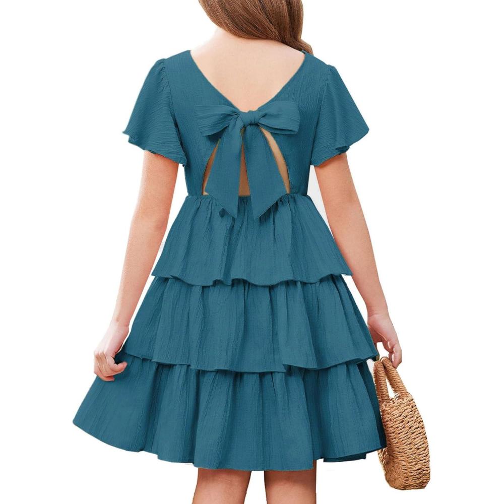 imageArshiner Girls Dresses Elegant Ruffle Short Sleeve Back Tie Tiered DressesDeep Blue