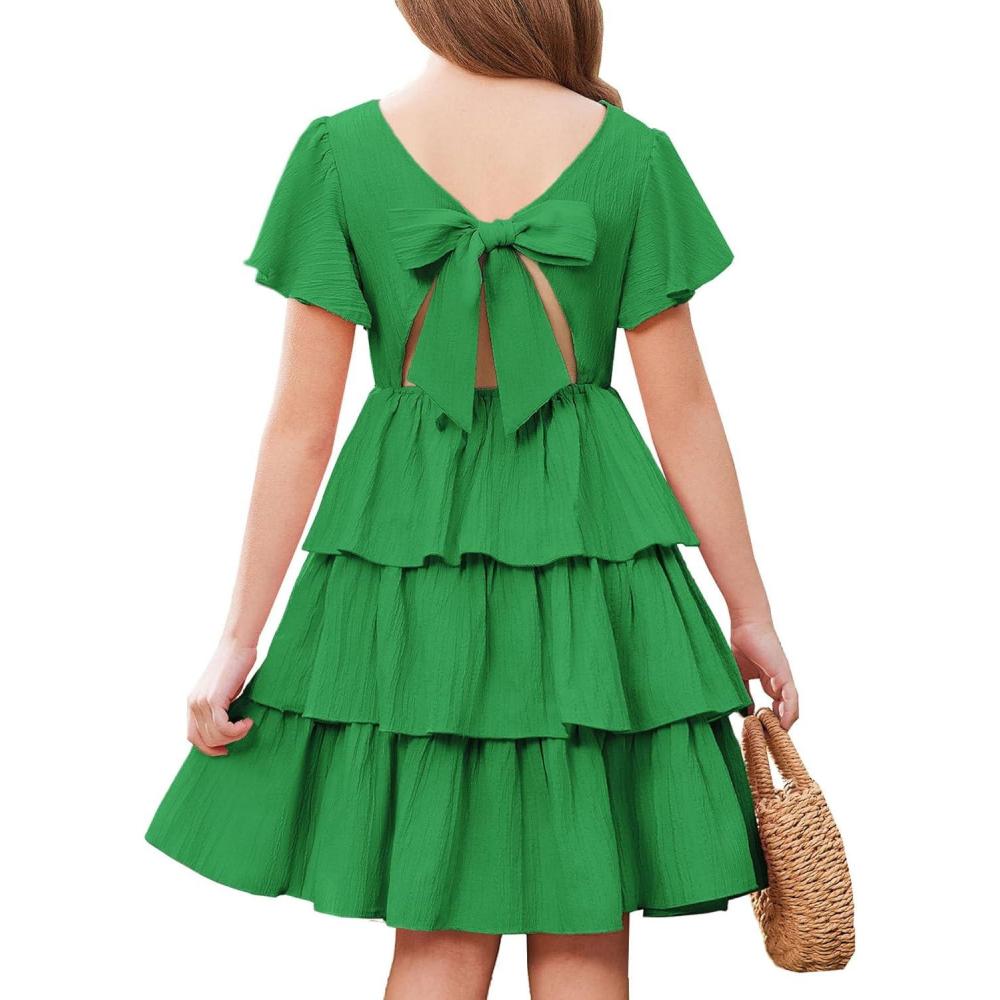 imageArshiner Girls Dresses Elegant Ruffle Short Sleeve Back Tie Tiered DressesGreen