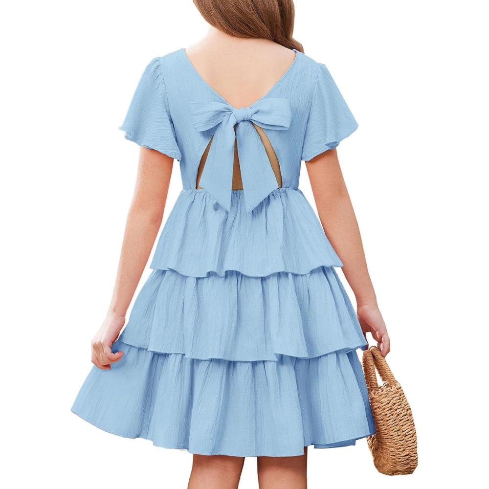 imageArshiner Girls Dresses Elegant Ruffle Short Sleeve Back Tie Tiered DressesLight Blue