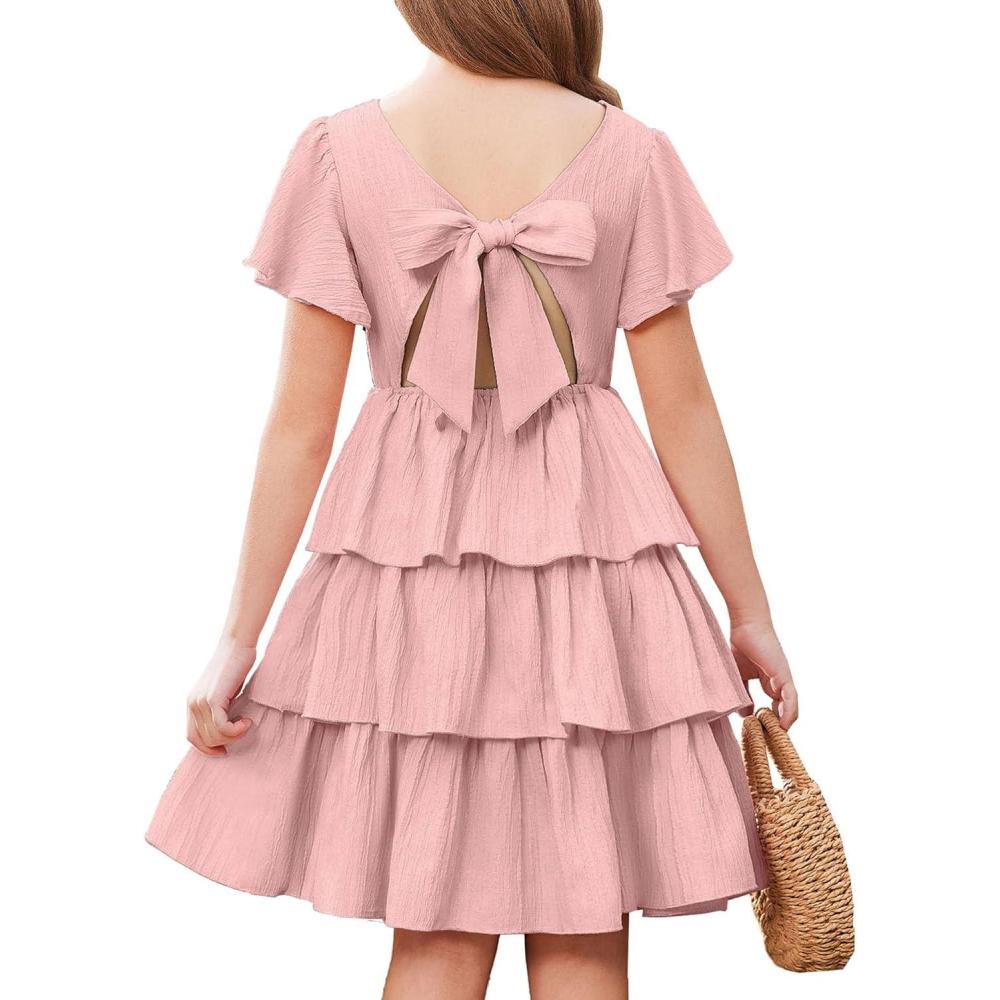 imageArshiner Girls Dresses Elegant Ruffle Short Sleeve Back Tie Tiered DressesLight Pink