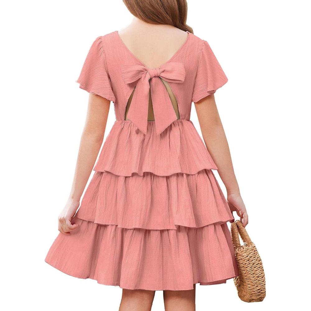imageArshiner Girls Dresses Elegant Ruffle Short Sleeve Back Tie Tiered DressesOrange Pink