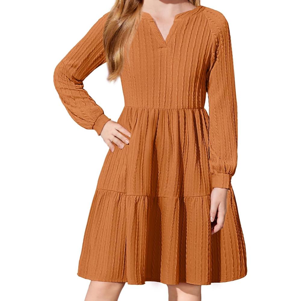 imageArshiner Girls Dresses Lantern Long Sleeve Textured Casual Dress with Pockets for 512 YearsBurnt Orange