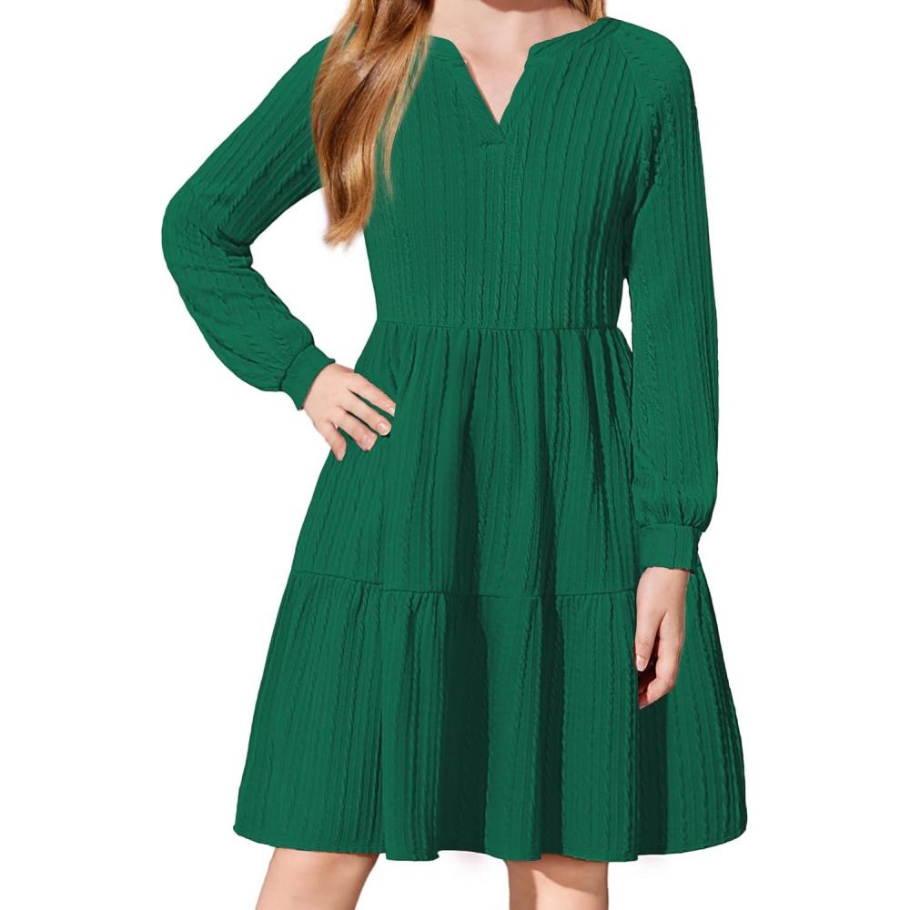 imageArshiner Girls Dresses Lantern Long Sleeve Textured Casual Dress with Pockets for 512 YearsDark Green