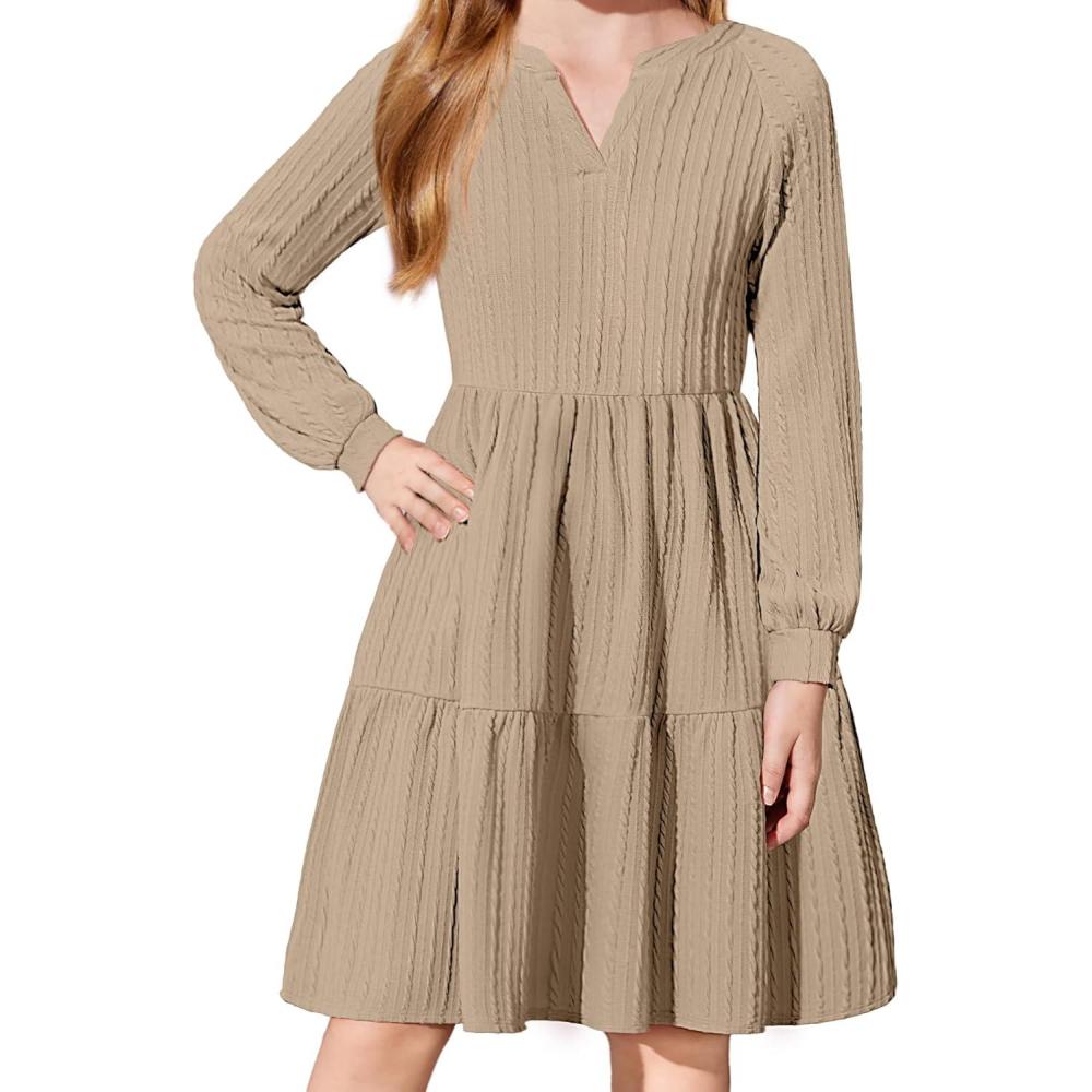 imageArshiner Girls Dresses Lantern Long Sleeve Textured Casual Dress with Pockets for 512 YearsKhaki