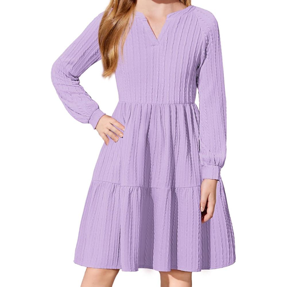 imageArshiner Girls Dresses Lantern Long Sleeve Textured Casual Dress with Pockets for 512 YearsLight Purple
