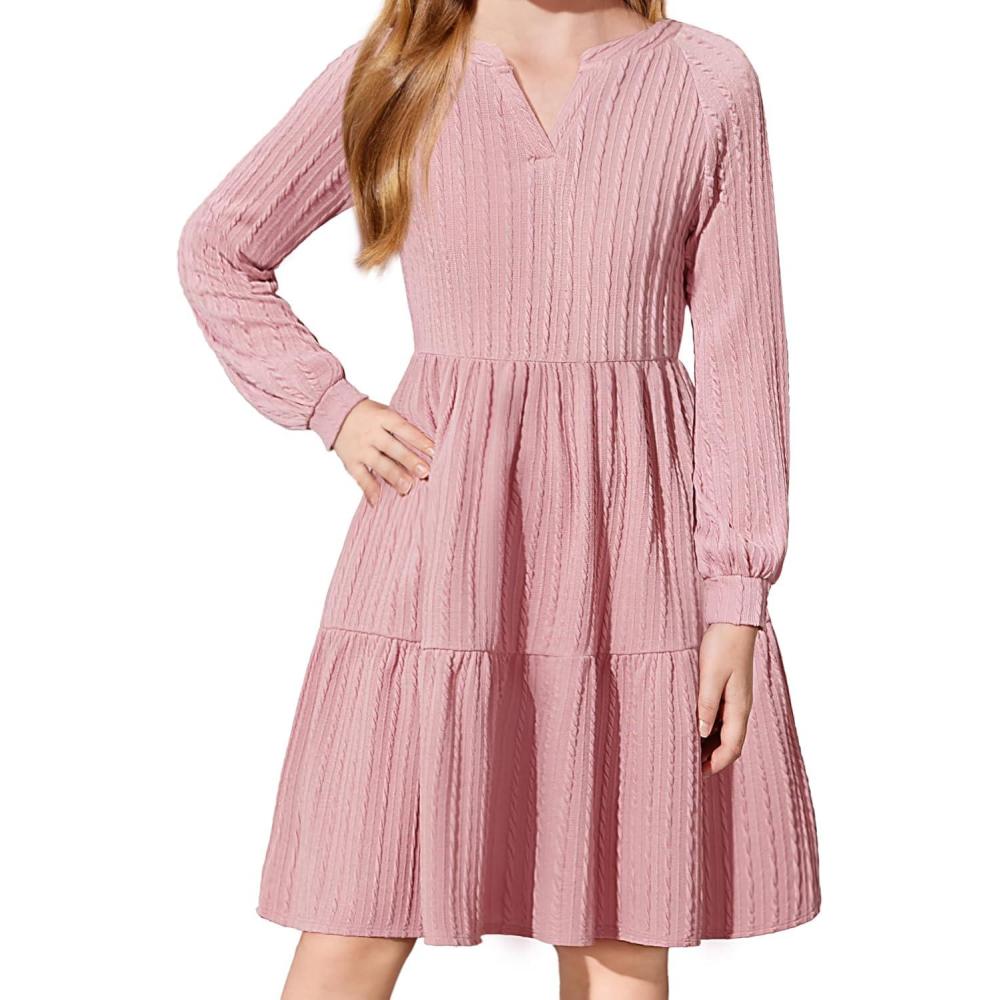 imageArshiner Girls Dresses Lantern Long Sleeve Textured Casual Dress with Pockets for 512 YearsPink