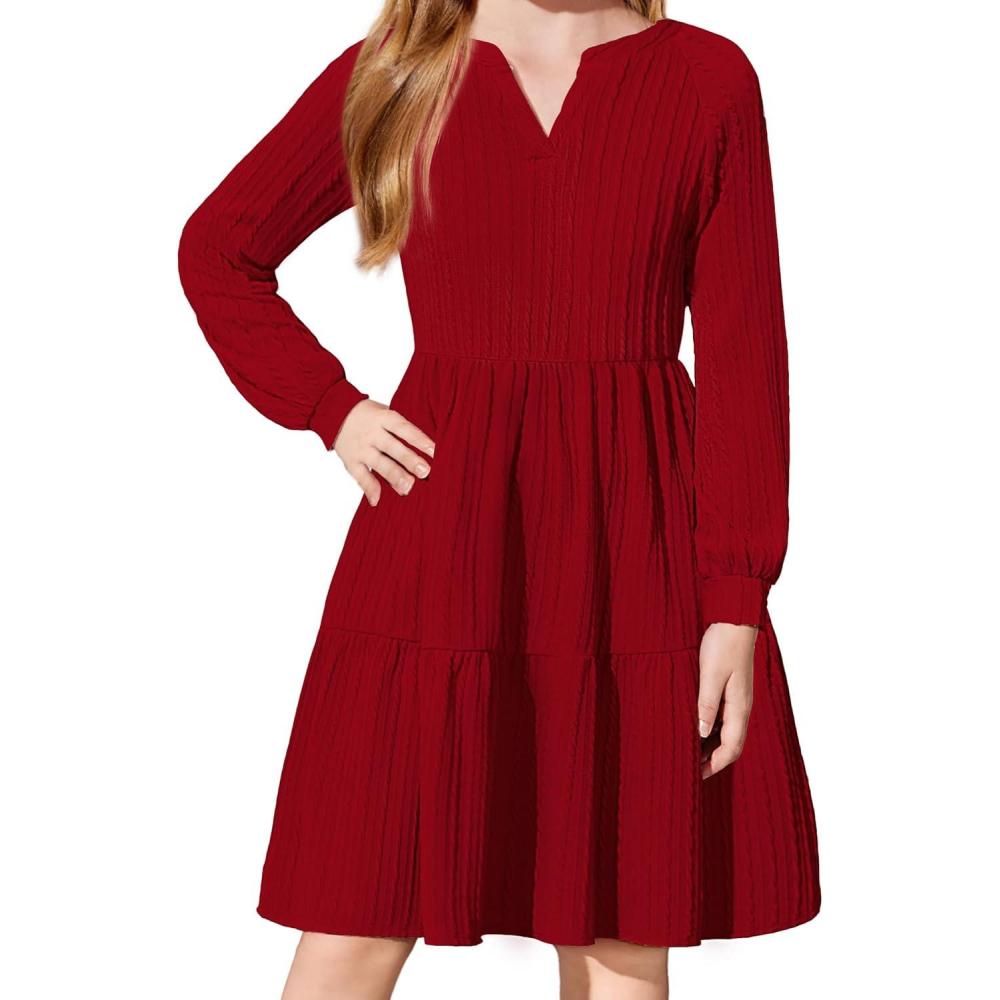 imageArshiner Girls Dresses Lantern Long Sleeve Textured Casual Dress with Pockets for 512 YearsRed