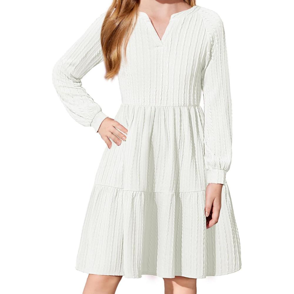 imageArshiner Girls Dresses Lantern Long Sleeve Textured Casual Dress with Pockets for 512 YearsWhite