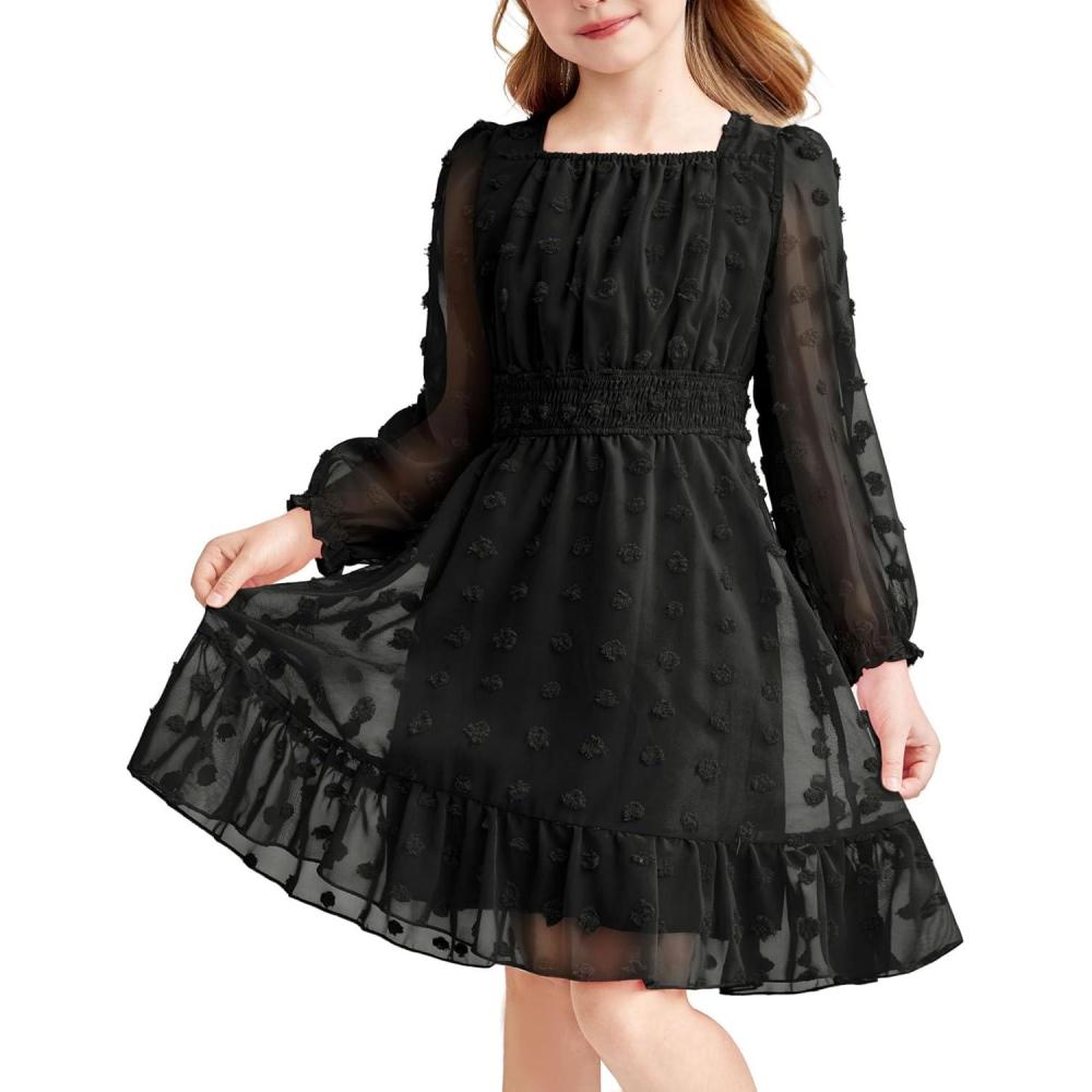 imageArshiner Girls Dresses Long Sleeve Square Neck Swiss Dot Flowy Casual Party DressBlack