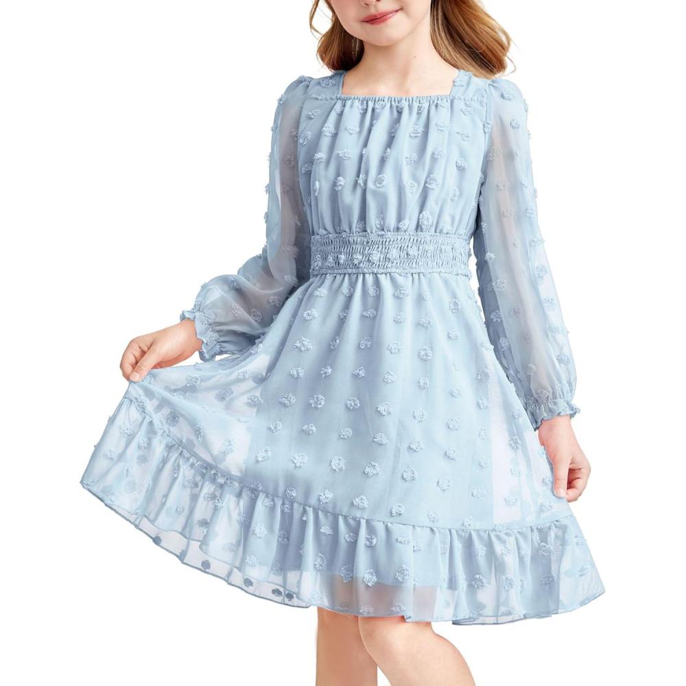 imageArshiner Girls Dresses Long Sleeve Square Neck Swiss Dot Flowy Casual Party DressLight Blue