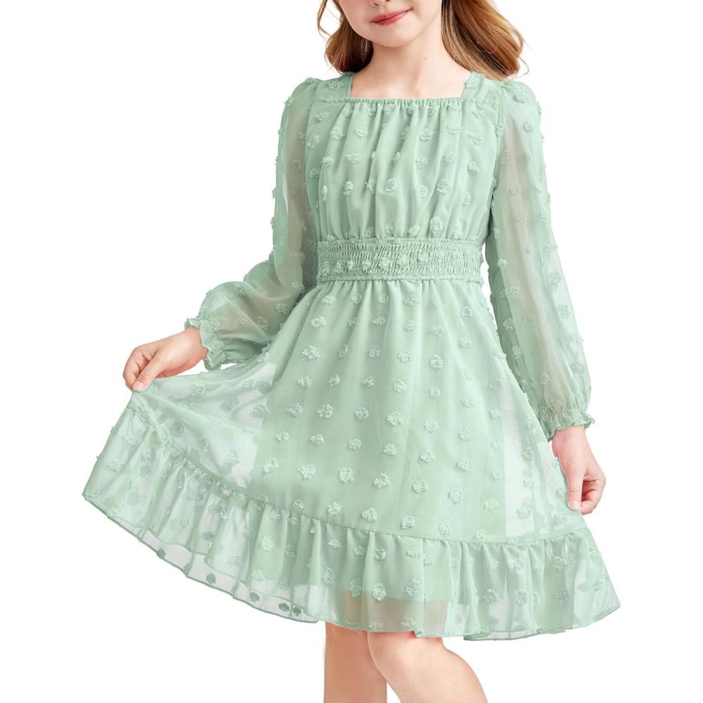 imageArshiner Girls Dresses Long Sleeve Square Neck Swiss Dot Flowy Casual Party DressLight Green