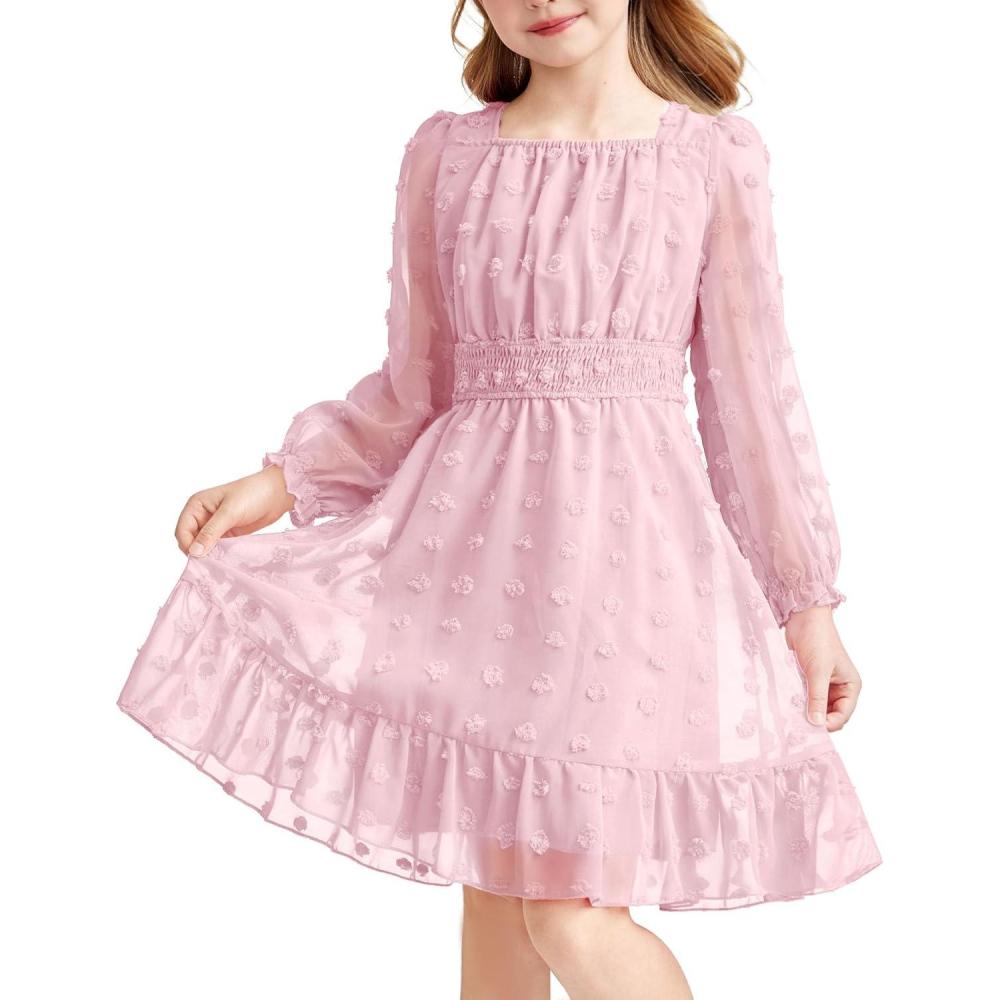 imageArshiner Girls Dresses Long Sleeve Square Neck Swiss Dot Flowy Casual Party DressPink