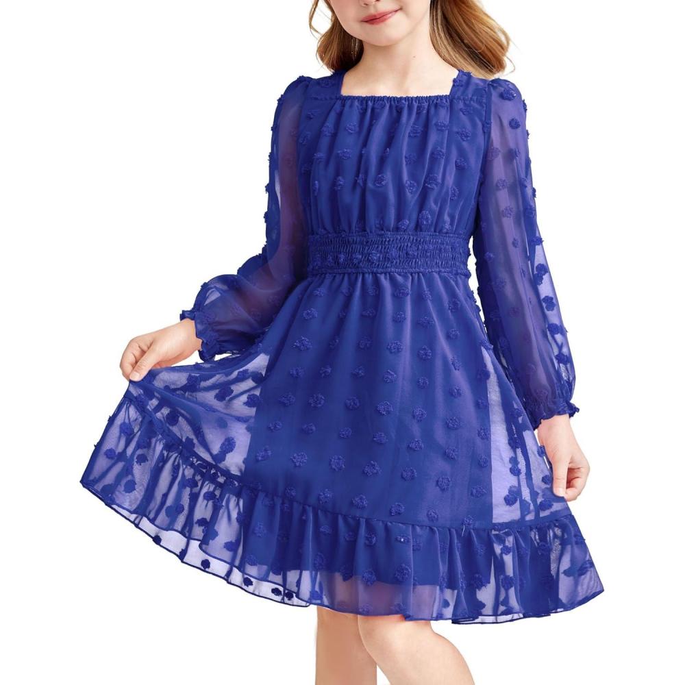 imageArshiner Girls Dresses Long Sleeve Square Neck Swiss Dot Flowy Casual Party DressRoyal Blue