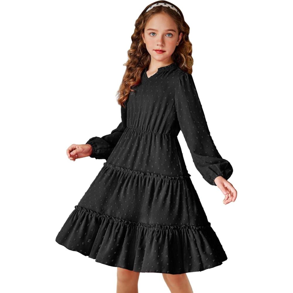 imageArshiner Girls Dresses Long Sleeve Swiss Dot V Neck Ruffle Tiered Casual Party DressBlack