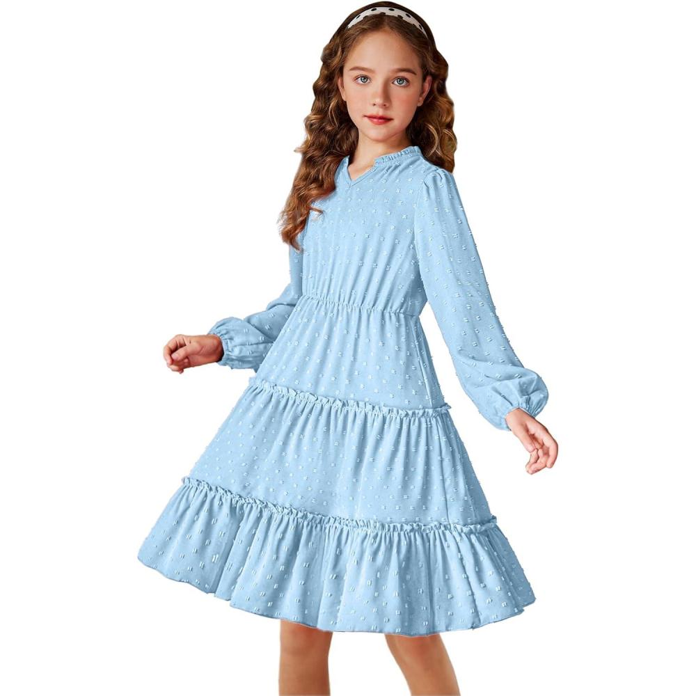 imageArshiner Girls Dresses Long Sleeve Swiss Dot V Neck Ruffle Tiered Casual Party DressBlue