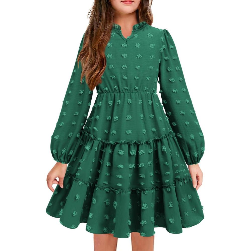 imageArshiner Girls Dresses Long Sleeve Swiss Dot V Neck Ruffle Tiered Casual Party DressGreenswiss Dot
