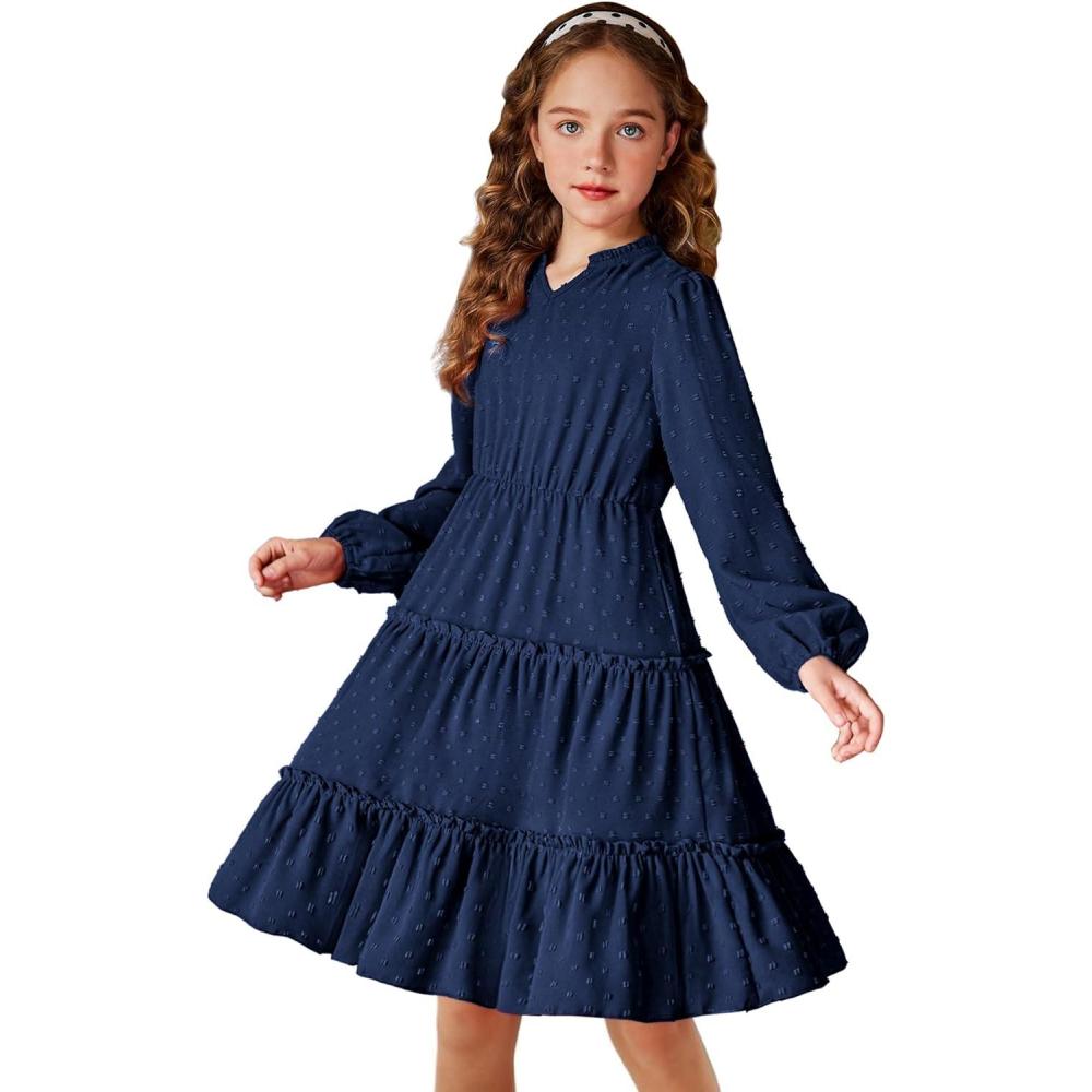imageArshiner Girls Dresses Long Sleeve Swiss Dot V Neck Ruffle Tiered Casual Party DressNavy