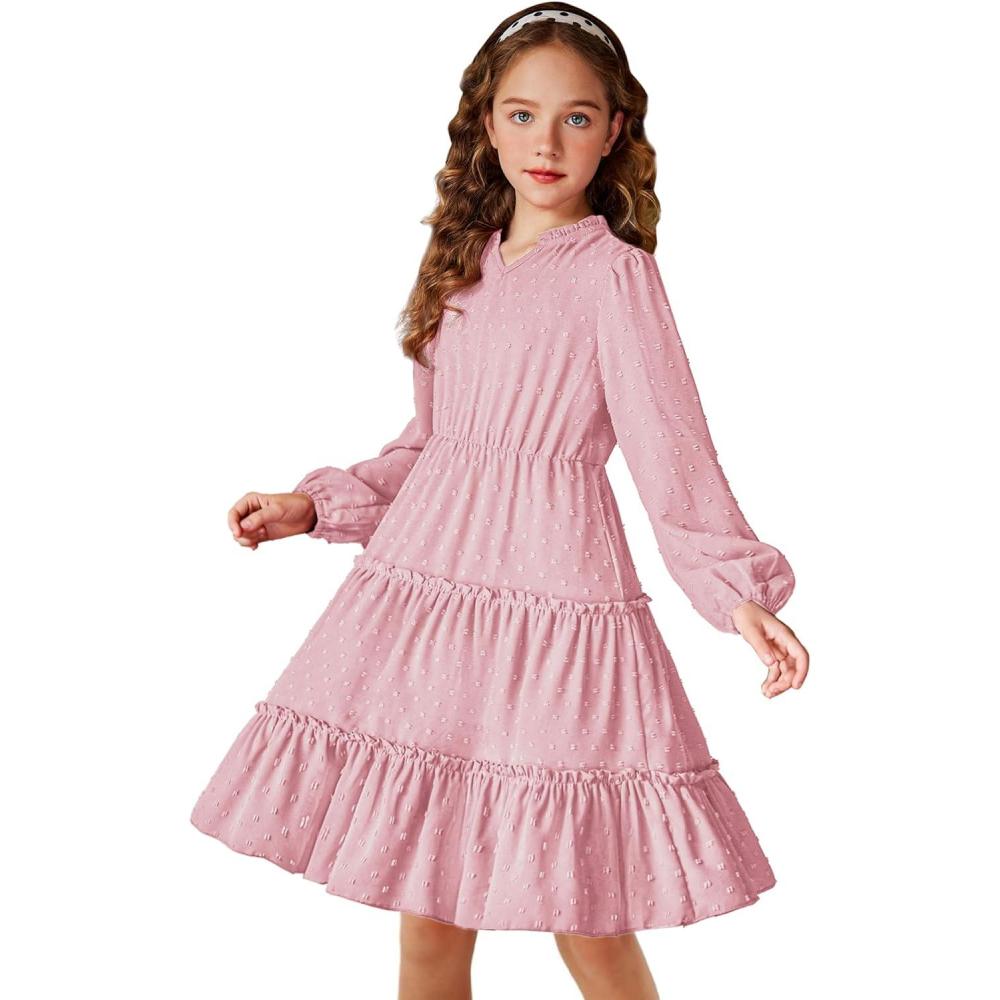imageArshiner Girls Dresses Long Sleeve Swiss Dot V Neck Ruffle Tiered Casual Party DressPink