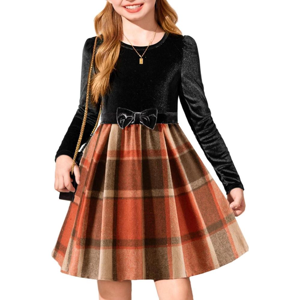 imageArshiner Girls Dresses Long Sleeve Velvet Plaid Patchwork Holiday Party Dress with PocketsBlack Orange Plaid